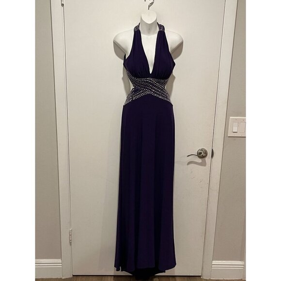 Betsy & Adam Purple Metallic Halter Formal Evening Dress Gown Women's Size 0 - Picture 3 of 15